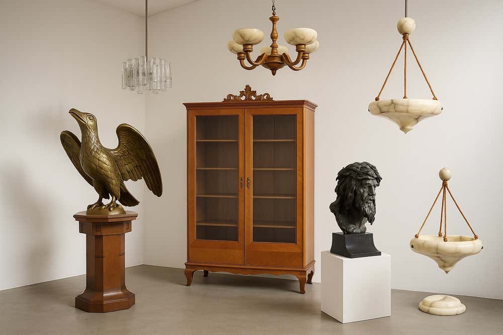 A bronze eagle on an oak pedestal, a glass-fronted cabinet, a bronze bust and alabaster pendant lights in a pale room